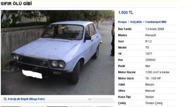 AÇIKLAMA :<br /><br />Aracım 1977 model olup 1300 motor hacmine sahip bir yer uçağıdır (Benim gözümde). Model yılının 83 yazdığına bakmayın 83`ten aşağısını bilgisayar kabul etmedi. Onun için öyle yazmak zorunda kaldık. ABS, KlİMA, AIRBAG, AÇILIR TAVAN, ALAŞIM JANT, NAVİGASYYON, YOL BİLGİSAYARI gibi özellikleri yoktur.<br /><br /> Fakat, direksiyonu, sigara küllüğü, yaylı koltukları ve çakmaklığı vardır. Açılıp kapanabilen camları ve kapı kolları çalışır durumdadır. Komple orıjınal olan aracımda aranırsa birkaç yerde lokal boya çıkabilir.