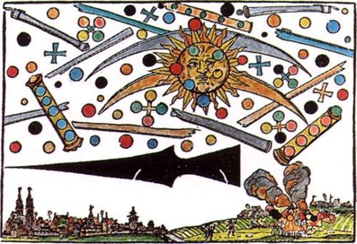 Nuremberg Olayı<br /><br />Bu çizim 14 Nisan 1561 tarihinde Nuremberg’te meydana gelen gerçek bir olayın dönemin yazılı kayıtlarına geçmiş bir belgesidir. Hans Glasser tarafından çizilmiştir. Gökyüzünde bir anda beliren küreler, haçlar ve tüpler bir saat boyunca ışıklar ve alevler saçarak mücadele ederler. Birçoğu toprağa düşerler ve bölge tarihinin en büyük yangını çıkar. Bölge halkı yangından atmosfere salınan gazlar sebebiyle söndürme girişiminde bulunamazlar. Birçok kişi zehirlenerek can verir. <br /><br />Yangın gökyüzünde siyah bir mızrak ucuna benzeyen devasa bir cisim belirene kadar sürer. İnsanlar korkularından evlerine kapanır. Nuremberg’in dünyayla ilişiği bir süreliğine kesilir. Olaylar sakinleyince halk evlerinden dışarı çıkar. Yangın sönmüş hava temizlenmiş ve ortada herhangi bir gökcismi vs. kalmamıştır. Söz konusu olaya dair tek görsel olan bu eser bugün Wickiana Koleksiyonu içerisinde Zürih Merkez Kütüphanesi’nde sergilenmektedir.