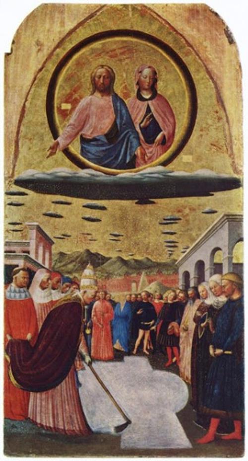 Kar Mucizesi<br /><br /> Masolino Da Panicale (1383-1440) tarafından “Kar Mucizesi” adı verilerek resmedilen eser bugün hala Santa Maria Maggiore kilisesinde, Floransa İtalya’da sergilenmekte. İsa ve Meryem tasvirinin altında gökyüzünün UFO’lar ile kaplandığı bir günü tarif etmekte. Söz konusu gün ile ilgili kayıtlar Vatikan güncelerinde saklı tutulmaktadır. Olayla ilgili pek çok söylenti dönemin Vatikan yönetimi tarafından baskılarla kaynaklardan silinmiş. <br /><br />Eserin sahibi Panicale, uzun bir süre yardımcılığını yaptığı Kardinal Branda Castiglione’den hikayeyi dinlemiş ve olayı bu şekilde tasvir etmiş. Söz konusu olayı kar ve bulut olarak şifreleyen Panicale bu şekilde Vatikan’ın sansüründen kurtulmayı başarmış. Ancak bu çalışmanın ardında anlatılmak istenen gökyüzü olayının tam olarak ne olduğu gizemini korumaktadır.
