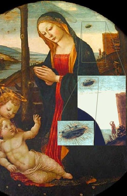 Semada bir UFO! <br /><br />15. yüzyılda Domenico Ghirlandaio tarafından çizilen bu son derece ünlü tabloda Hz. Meryem ve Aziz Giovannino resmedilmiş. Ancak arka planda tam anlamıyla bir UFO gözlemi söz konusu. Palazzo Vecchio koleksiyonunda yer alan bu tablodaki UFO'nun sırrı yüzyıllardır çözülemiyor.