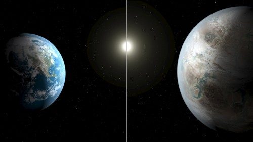 A NASA illustration compares Earth to a planet beyond the solar system that is a close match to Earth called Kepler-452b