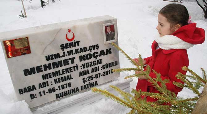 Yozgat'ta, Şehit Jandarma Uzman Çavuş Mehmet Koçak'ın 9 yaşındaki kızı Gülten Naz, karnesini aldıktan sonra babasının mezarını ziyaret etti. 6 ay önce Lice'de PKK'nın bombalı saldırısında şehit olan babasının mezarındaki karları temizleyen Gülten Naz, "Derslerim çok iyi, seni gururlandırmak istedim" dedi.