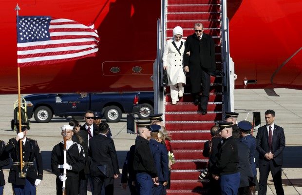 Turkish President Tayyip Erdogan with his wife Emine arrives at Joint Base Andrews outside Washington