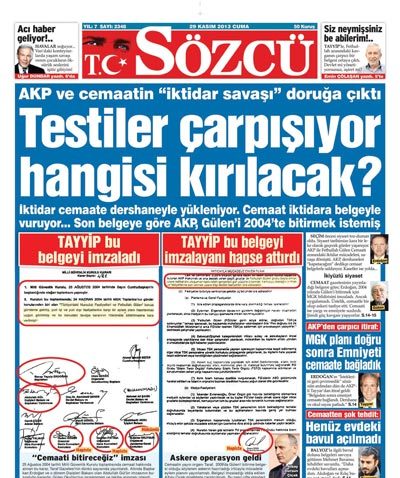 TARİH: 29 kasım 2013 AKP ve Cemaat arasındaki iktidar savaşını belgeleriyle manşetlere işte böyle taşıdık. 