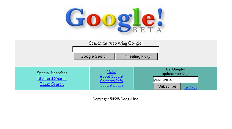 İlk Google serverı legolarla bezenerek hazırlandı. İlk başka sitenin ismi Google. Stanford.edu'ydu. 15 Eylül 1997'de ise Google.com ismini satın aldılar. Google.com Stanford'un serverini çok meşgul etmeye başladı ve okul Brin ve Page'i serverlarından attı.