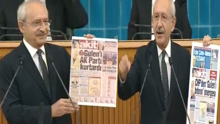 KIlıçdaroğlu, FETÖ ile ilgili tartışmalar ise yandaş bir yayın organının eski nüshalarını göstererek yanıt verdi. CHP lideri 