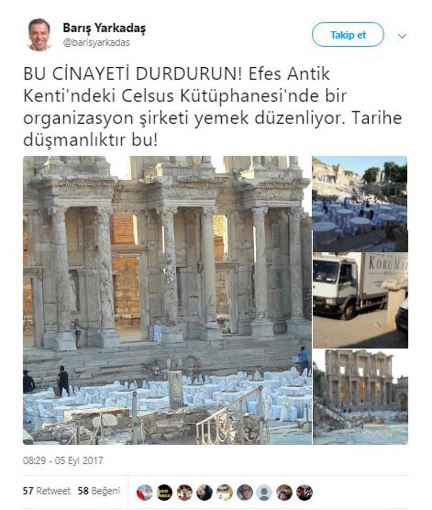 CHP milletvekili Barış Yarkadaş, sosyal medyadan Efes Antik Kenti'nde yemek düzenlenmesine tepki gösterdi.