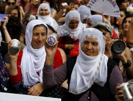 Protesters attend an anti-war protest in central Istanbul, Turkey