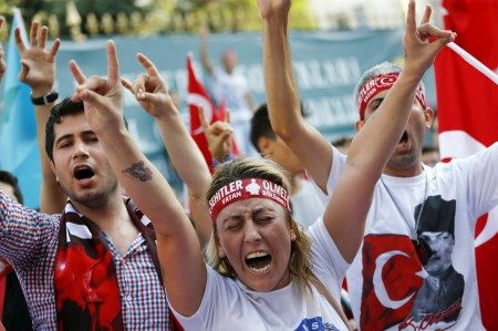 Demonstrators shout nationalist slogans during a protest against Kurdistan Workers' Party (PKK) in central Istanbul, Turkey