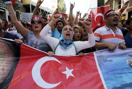 Demonstrators shout nationalist slogans during a protest against Kurdistan Workers' Party (PKK) in central Istanbul, Turkey