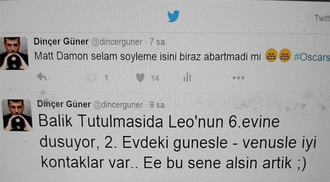 leonardo2 Törenlere birkaç saat kala söyledim ve Twitter'dan paylaştım; Leonardo'nun Oscar'ı alacağı kesindi. Çünkü Balık tutulması Leonardo'nun 6. Evi'ne düşüyor.