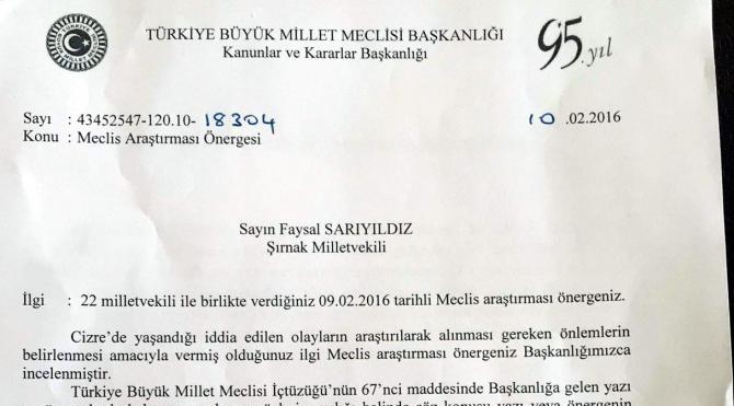 TBMM Başkanlığı, HDP`li 23 milletvekilinin Cizre ile ilgili Araştırma önergesini iade etti