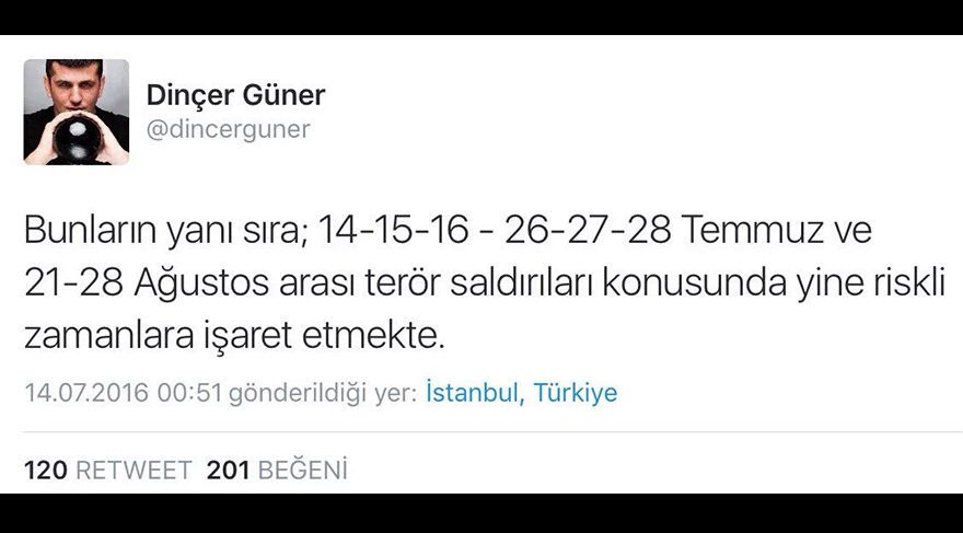 Temmuz ayının 14-15-16 tarihlerinin zorlu geçeceği astrolojik olarak bekleniyordu ama bu kadar kaotik ve kanlı olması değildi sanırım. Hem Mart ayında hem de Oğlak burcundaki Dolunay yazımda 14-15-16 Temmuz tarihlerinin ne kadar zorlu olduğundan bahsetmiştim.