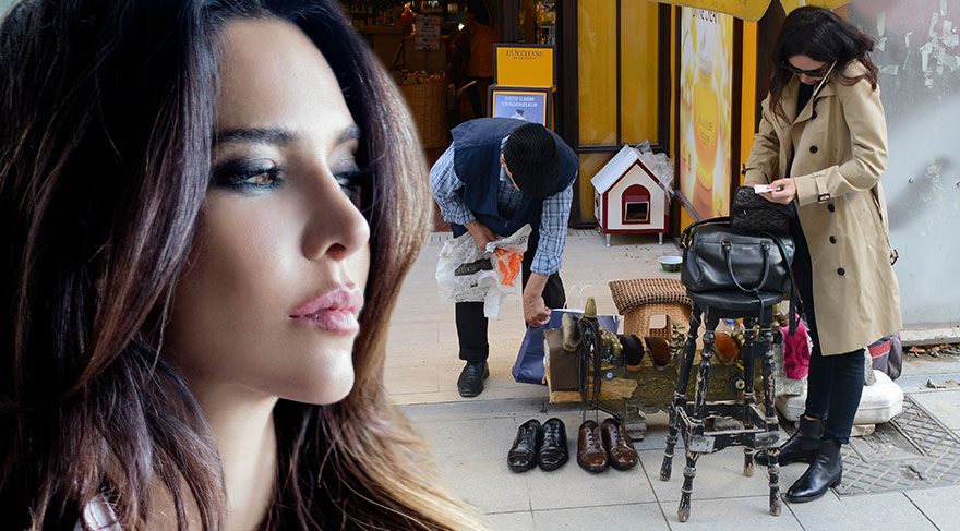 Hande Ataizi eşinin ayakkabılarını ayakkabı boyacısına verdi