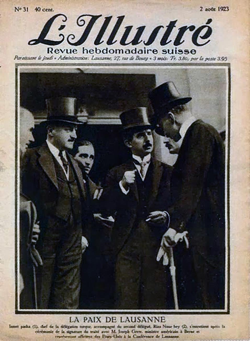 Lozan Barış Anlaşması'nı imzalayan İsmet Paşa (İnönü) ve Rıza Nur, La Mustre gazetesinn manşetinde. Fotoğraf: Depo Photos