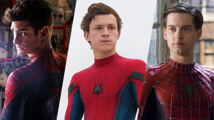 Spiderman filmlerinin aktörleri. Soldan sağa: Andrew Garfield, Tom Holland, Tobey Maguire.