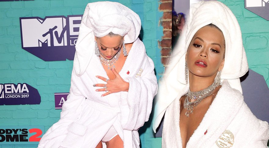 Rita Ora MTV ödüllerine bornoz ile katıldı