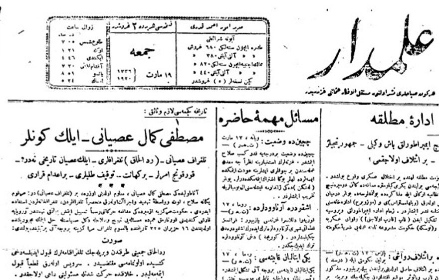 ‘Mustafa Kemal İsyanı, ilk günler' başlıklı bu haberde Milli Mücadele, ‘Mustafa Kemal isyanı' olarak adlandırılıyor. (Alemdar, 19 Mart 1920)