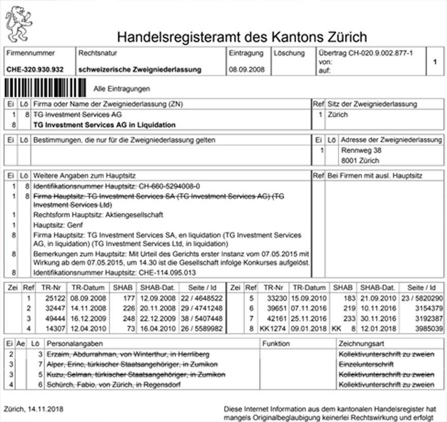 The first bankruptcy of TG Investment, which burned billions of rich turks, was opened in Geneva and the second bankruptcy opened in Zurich's canton.