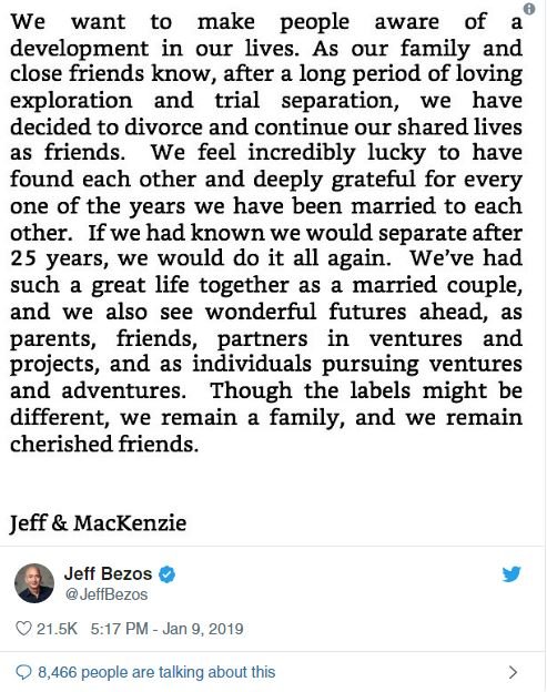 Bezos, izahı Twitter hesabından duyurdu.