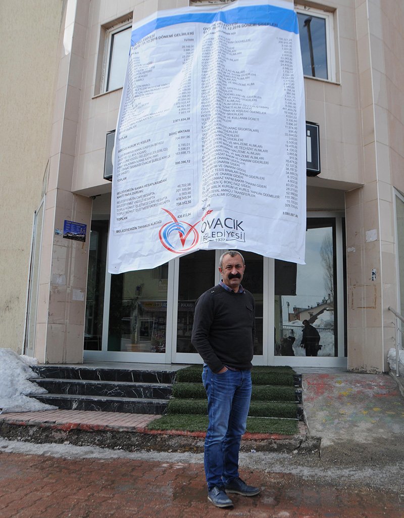 Ovacık Belediye Başkanı Fatih Mehmet Maçoğlu her yıl olduğu gibi bu yılda belediyenin gelir-gider tablosunu belediye binasına astı. Foto: DHA