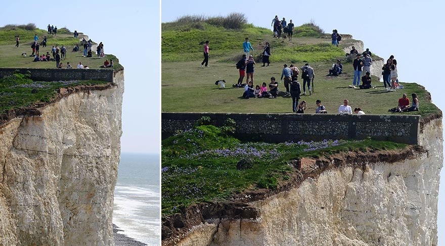 İngiltere'nin East Sussex bölgesindeki Seven Sisters yakınlarında yer alan Birling Gap bölgesinkdeki falezlere giden turistler, uçurumu görebilmek için adeta hayatlarını tehlikeye atıyor.