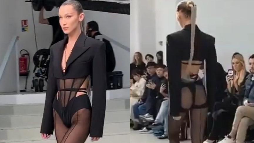Bella Hadid Mugler defilesindeki seksi kıyafetiyle yürek hoplattı
