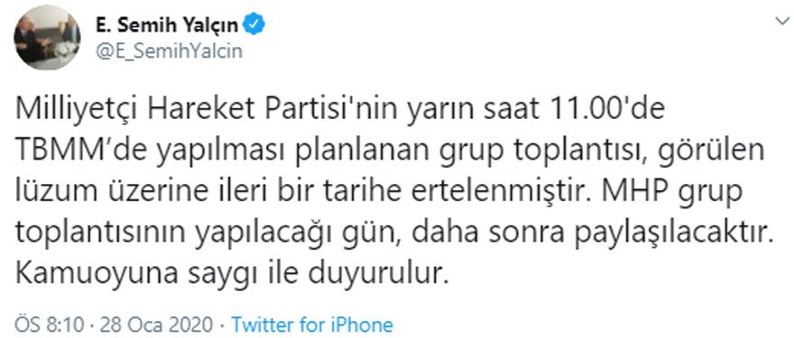 Semih Yalçın: MHP’nin grup toplantısı görülen lüzum üzerine ertelendi - Resim : 1