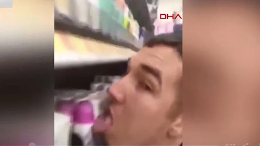 Marketteki rafları yaladı sosyal medyada paylaştı