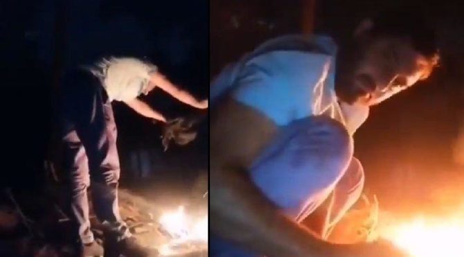 Sosyal medyada tepki çeken görüntüler: Önce kanını akıttı, sonra ateşe attı