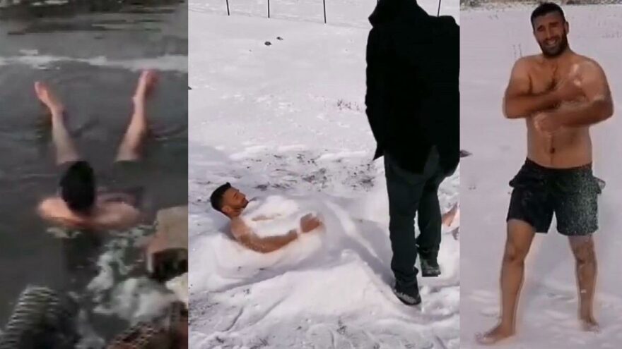 Dondurucu soğuklara aldırış etmeden kendisini kara gömdü