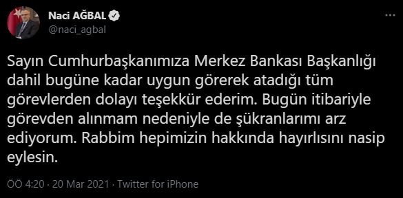 Merkez Bankası Başkanı Naci Ağbal görevden alındı.