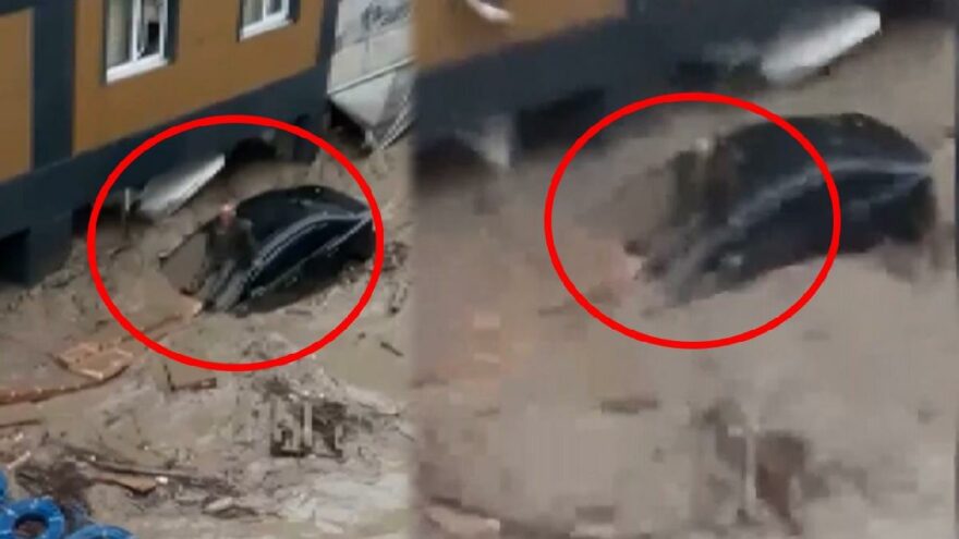 Sel felaketinden feci görüntüler! Otomobilin üzerinde sele kapılarak kayboldu