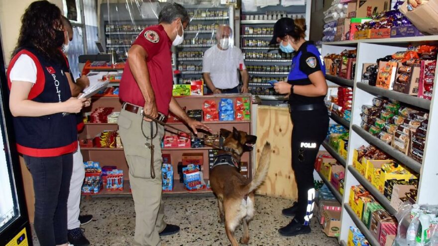 Okul çevresindeki iş yerlerini narkotik köpeklerle aradılar